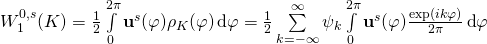 W_1^{0,s}(K) =\frac 12 \int\limits_{0}^{2\pi}\mathbf{u}^s(\varphi) \rho_K(\varphi)\, \text{d}\varphi =\frac 12 \sum\limits_{k=-\infty}^{\infty} \psi_k \int\limits_{0}^{2\pi}\mathbf{u}^s(\varphi)\frac{\exp(ik\varphi)}{2\pi} \, \text{d}\varphi